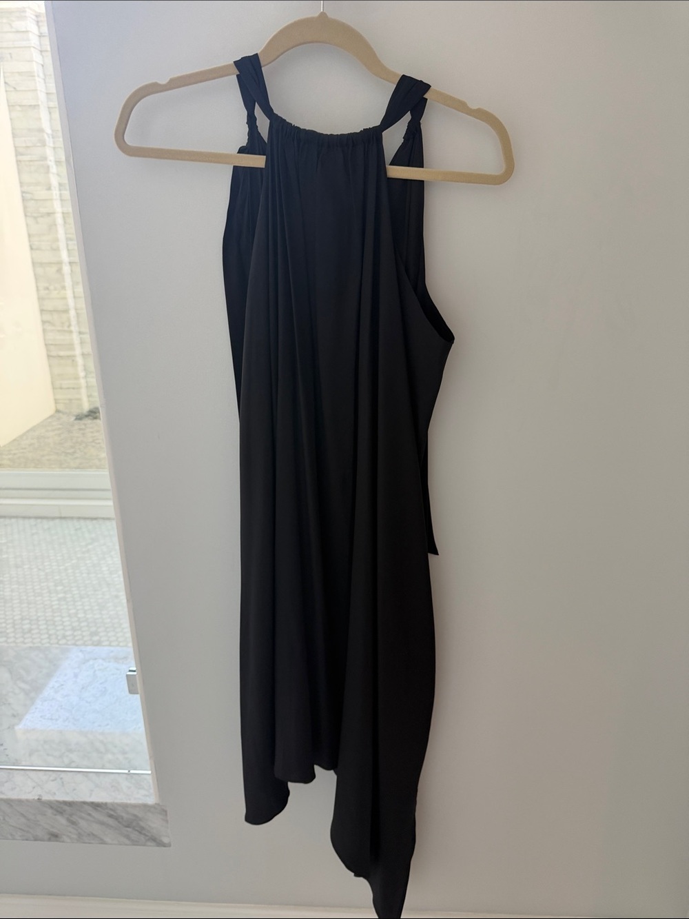 Asymmetrical Silk Black Halter Dress - Elegant Draped Silhouette